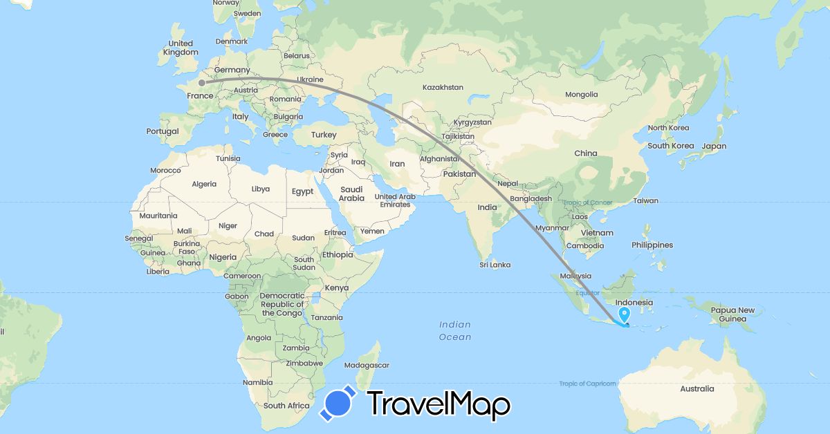 TravelMap itinerary: driving, plane, boat, motorbike in France, Indonesia (Asia, Europe)